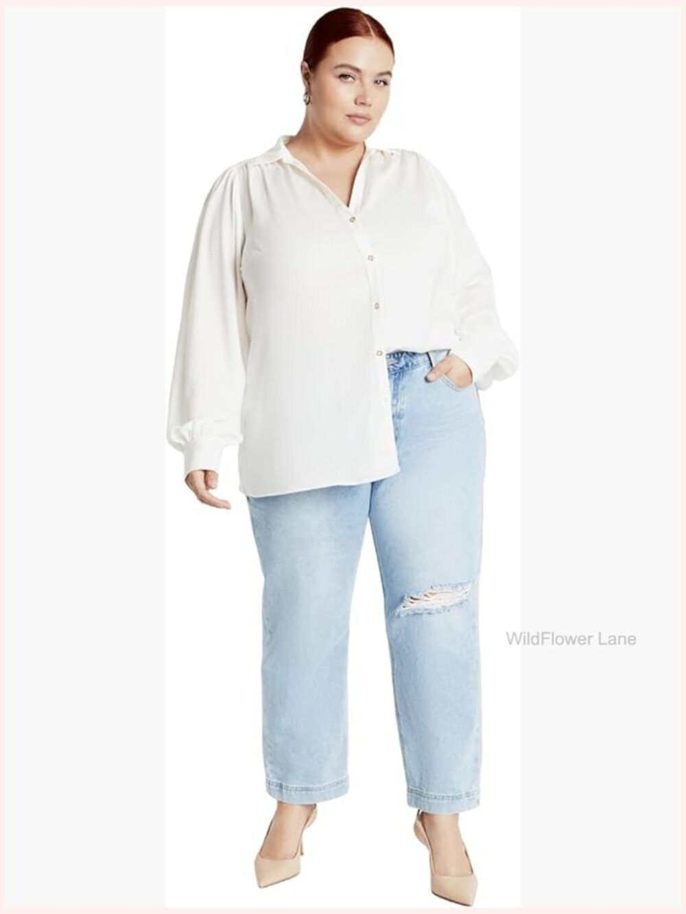 Plus Size V-Neck Button Down Blouse Relaxed Fit Satin